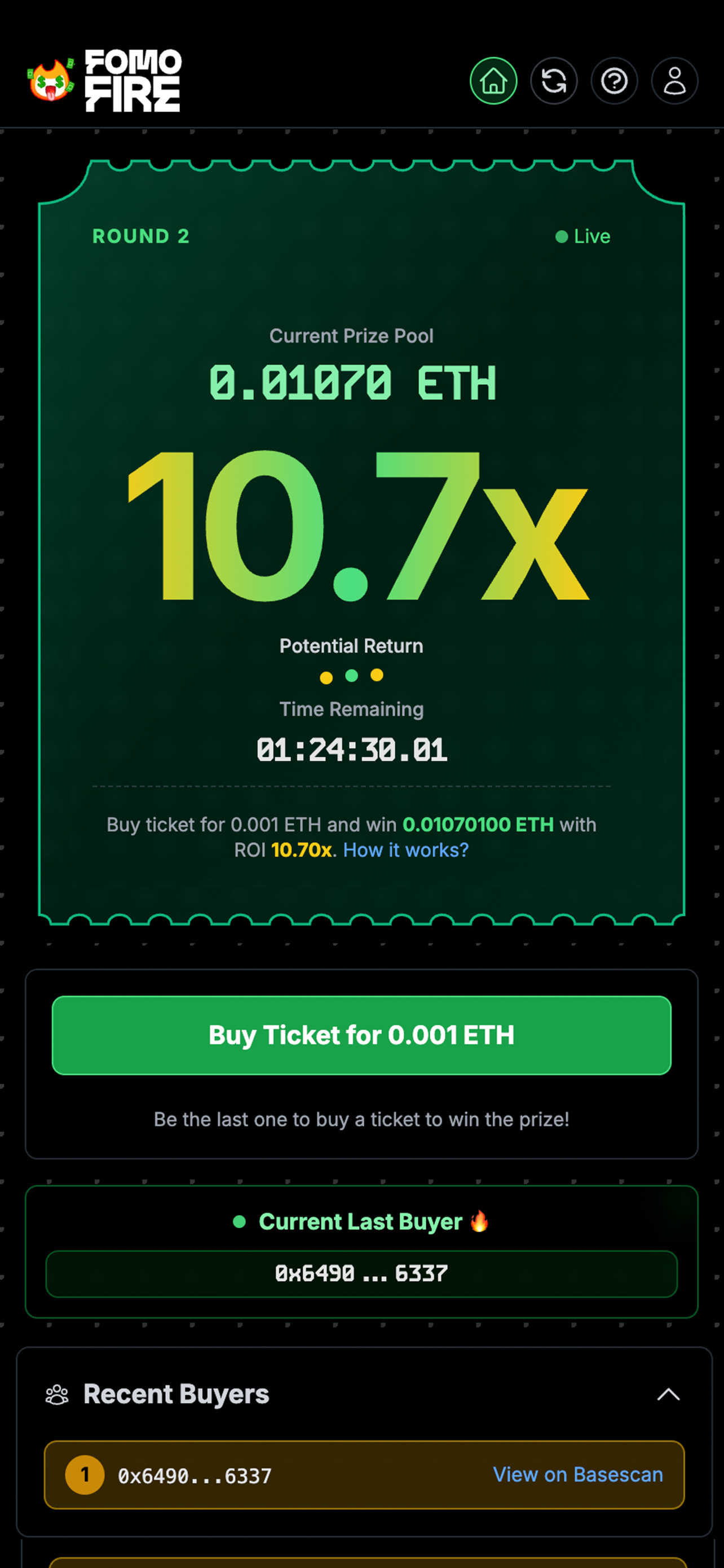 FOMO Fire! - Last buyer wins.  - Farcaster Mini Apps screenshot